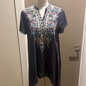 Johnny Was Navy Tunic with Multicolor Floral Embroidery